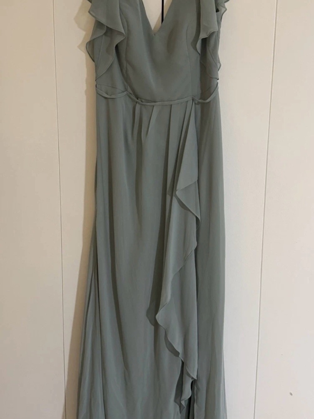 CELEBRATE DB STUDIO flutter sleeve dress with cascade Sage Size 12 Davids Bridal
